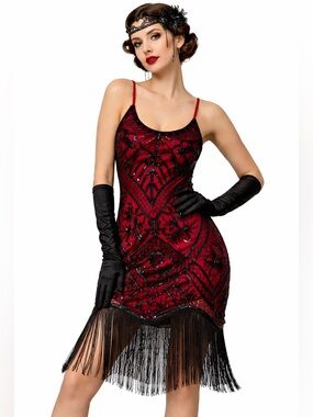❤️ RED HOT 1920s Flapper Sequin Fringe Dress S | Gatsby Art Deco NWT Glam Party